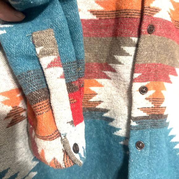 Southwest Aztec Barn Chore Blanket Jacket Women Sz L Western Red Teal Fall Boho - Picture 4 of 9